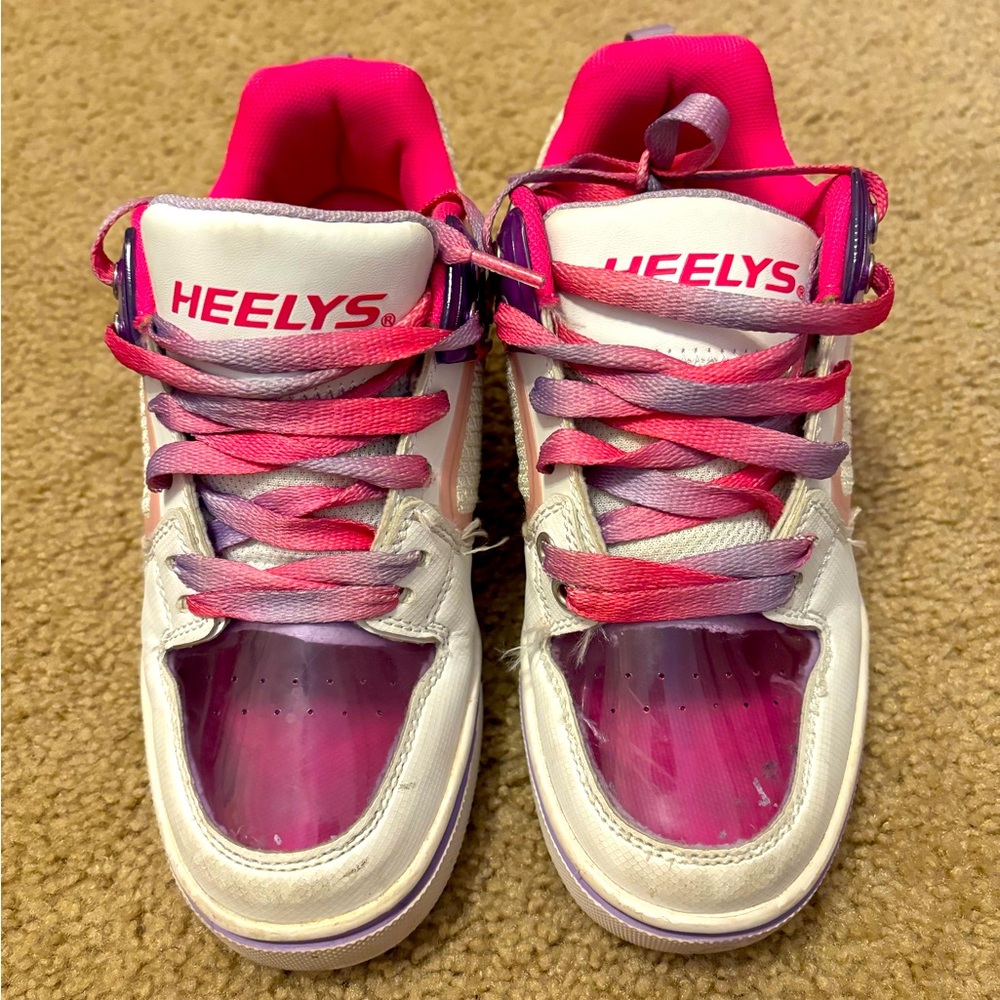 Girls’ Heely’s Size 3. White/pink/purple with wheels attached